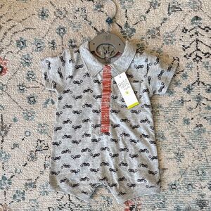 BNWT - Petit Lem Gray Baby Polo Romper with Motorcycle Print 3 months